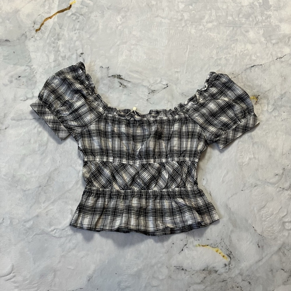 Sim & Sam Off The Shoulder Puff Sleeve Smock Peplum Crop Peasant Blouse XS
